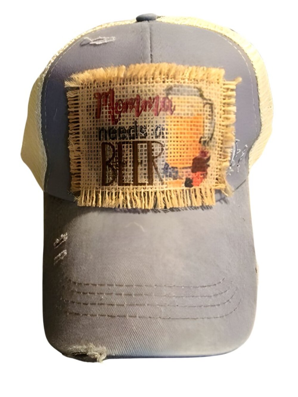Mama Needs A Beer Gray Criss Cross Ponytail Patch Hat